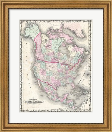 Framed 1862 Johnson Map of North America Print