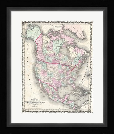 Framed 1862 Johnson Map of North America Print