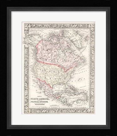 Framed 1864 Mitchell Map of North America Print