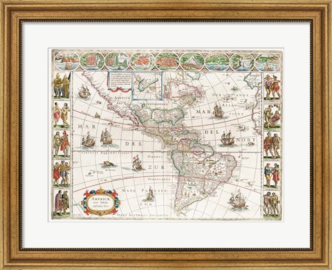 Framed Americae nova Tabula - Map of North and South America Print