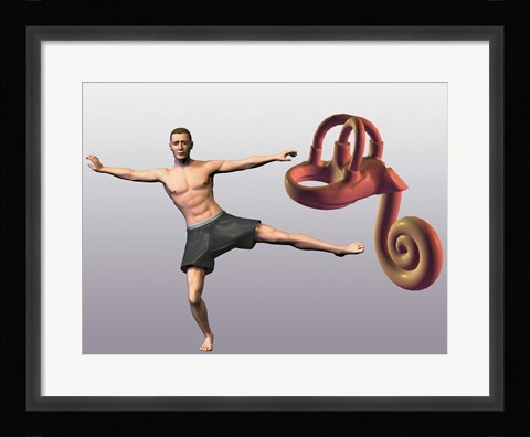 Framed Man standing on one leg near a human ear model Print