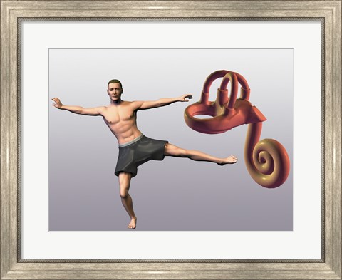 Framed Man standing on one leg near a human ear model Print