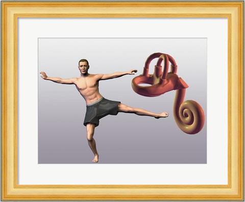 Framed Man standing on one leg near a human ear model Print