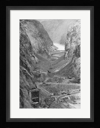 Framed Looking upstream through Black Canyon toward Hoover Dam site showing condition after diversion of Colorado River Print