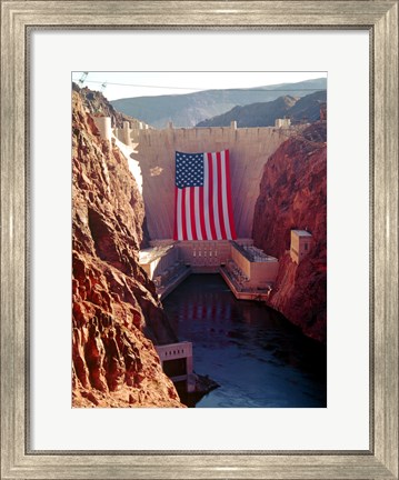 Framed Hoover Dam with large  American flag Print