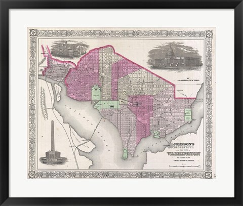 Framed 1864 Johnson Map of Washington D.C. and Georgetown Print