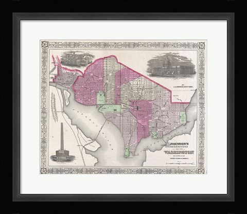 Framed 1864 Johnson Map of Washington D.C. and Georgetown Print