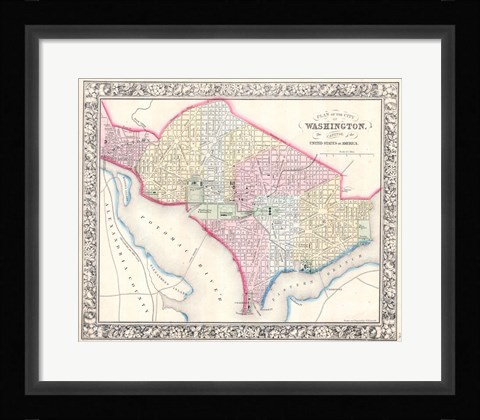 Framed 1864 Mitchell Map of Washington D.C. Print