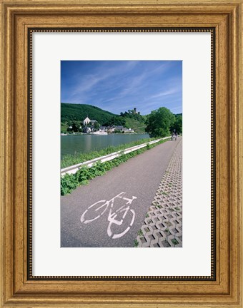 Framed Cycle, Bicycle Path and Two Cyclists, Town View, Beilstein, Mosel Valley, Rhineland, Germany Print
