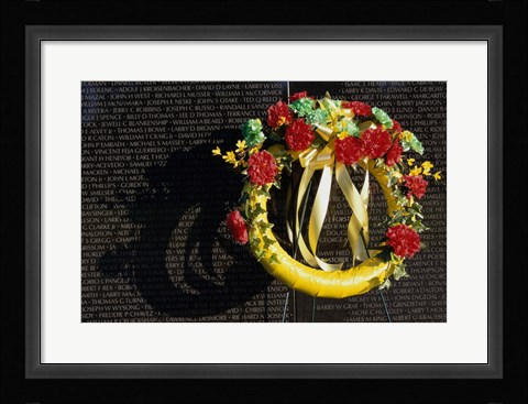 Framed Wreath on the Vietnam Veterans Memorial Wall, Vietnam Veterans Memorial, Washington, D.C., USA Print
