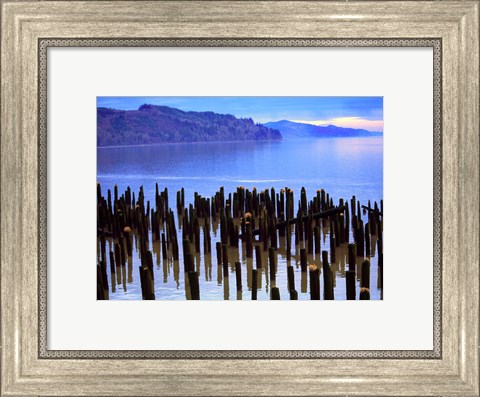 Framed Wooden posts in water, Columbia River, Washington, USA Print