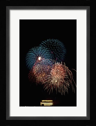 Framed Fireworks display at night with a memorial in the background, Lincoln Memorial, Washington DC, USA Print
