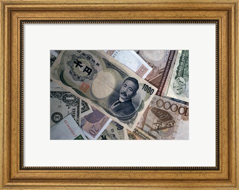 Framed Heap of US and Foreign Currency notes Print