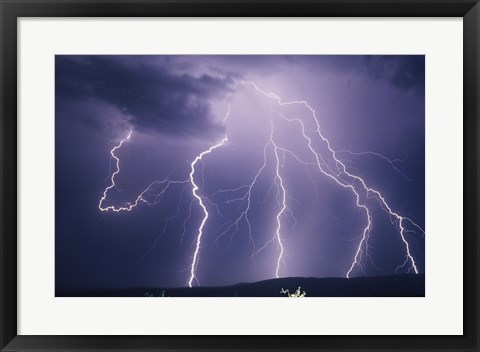 Framed Lightning bolts striking the earth Print