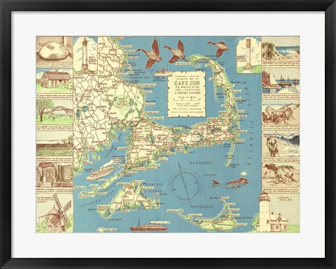 Framed 1940 Colonial Craftsman Decorative Map of Cape Cod, Massachusetts Print