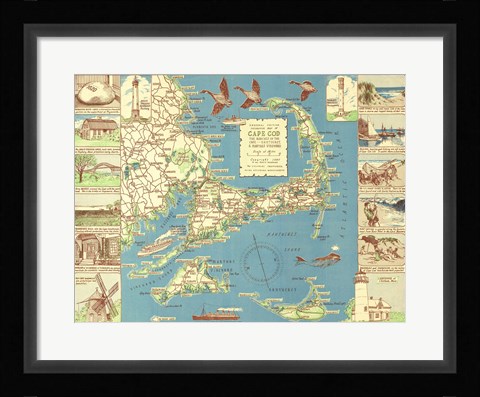 Framed 1940 Colonial Craftsman Decorative Map of Cape Cod, Massachusetts Print
