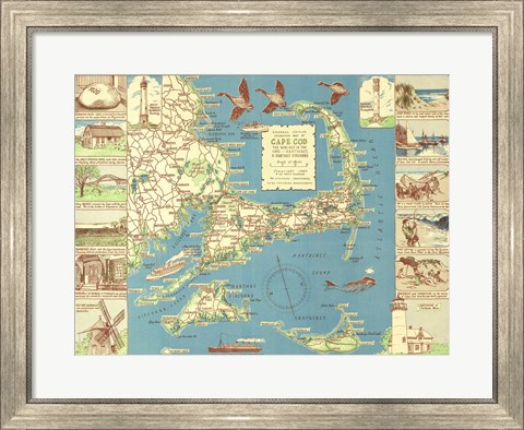 Framed 1940 Colonial Craftsman Decorative Map of Cape Cod, Massachusetts Print