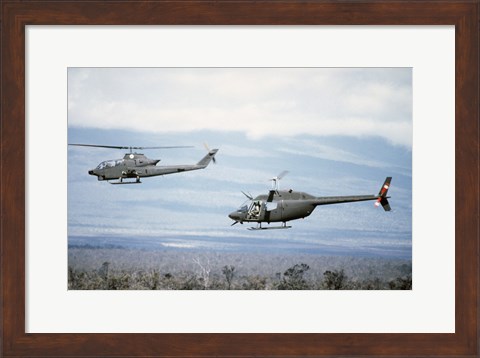 Framed left side view of an AH-1 Cobra helicopter, front, and an OH-58 Kiowa helicopter Print