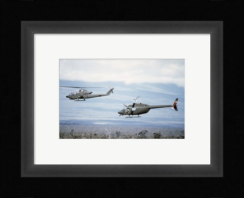 Framed left side view of an AH-1 Cobra helicopter, front, and an OH-58 Kiowa helicopter Print