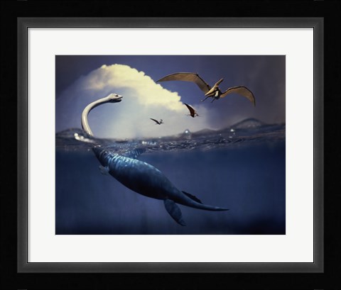 Framed Plesiosaurus and Flying Pteranodons Print