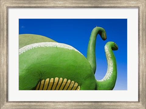 Framed Sculptures of two dinosaurs outside a rock shop, Holbrook, Route 66, Arizona, USA Print