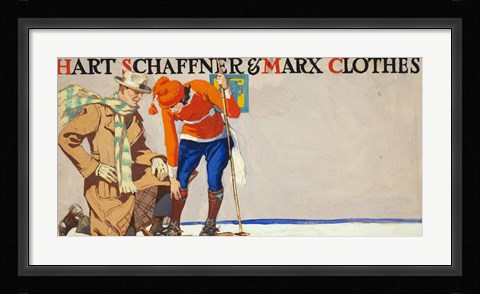 Framed Man kneeling beside woman on skis Print