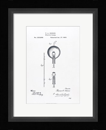 Framed Thomas Edison light bulb original patent drawing Print