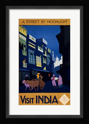Framed Visit India, a street by moonlight, travel poster 1920 Print