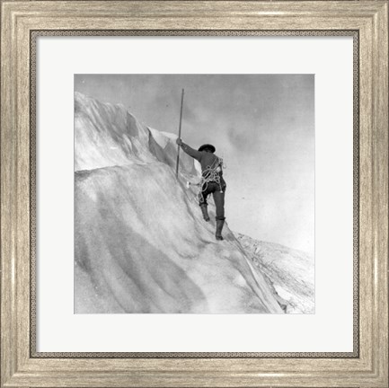 Framed Washington - Mount Rainier Guide cutting steps on ice slope near summit Print