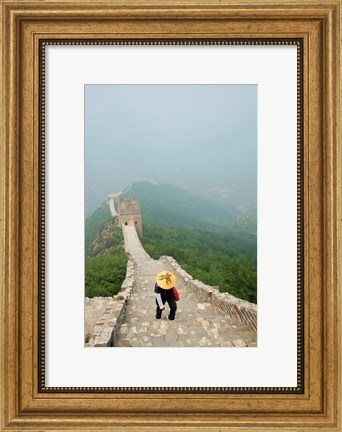 Framed Tourist climbing up steps on a wall, Great Wall of China, Beijing, China Print
