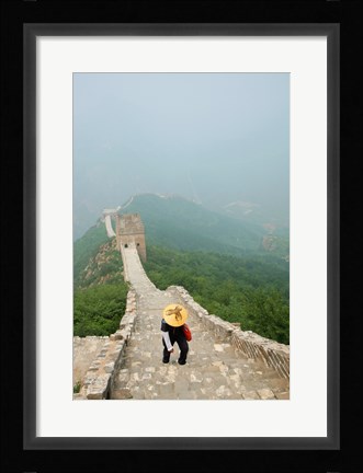 Framed Tourist climbing up steps on a wall, Great Wall of China, Beijing, China Print