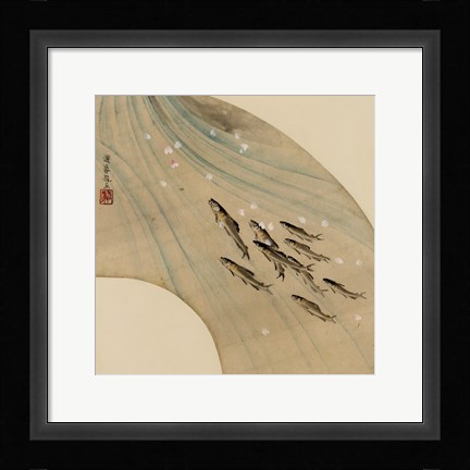 Framed Fan-shaped drawing of fish swimming upstream Print