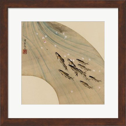 Framed Fan-shaped drawing of fish swimming upstream Print