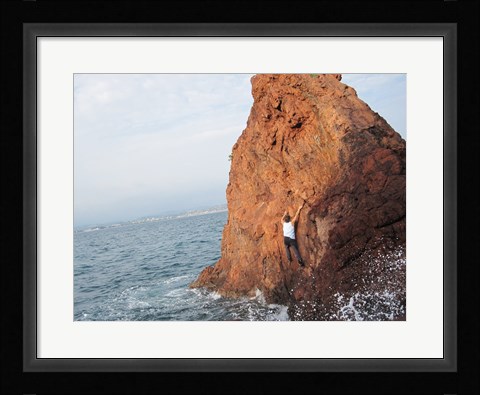 Framed Deep Water Solo on a small rock at Point de l'Aiguille Print