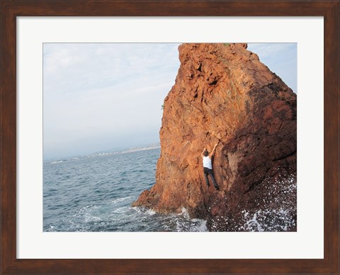 Framed Deep Water Solo on a small rock at Point de l&#39;Aiguille Print