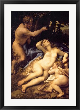 Framed Correggio - Venus and Cupid with a Satyr Print