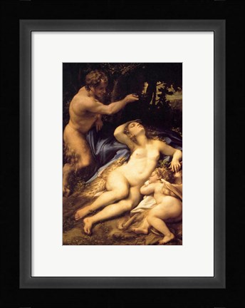 Framed Correggio - Venus and Cupid with a Satyr Print