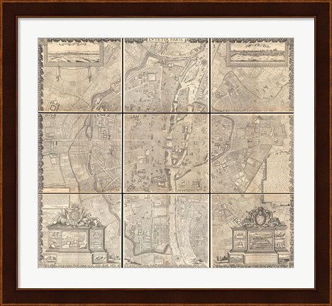 Framed 1652 Gomboust 9 Panel Map of Paris, France Print