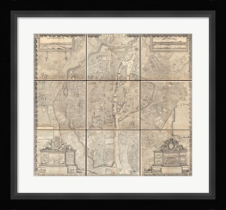 Framed 1652 Gomboust 9 Panel Map of Paris, France Print