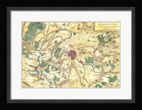 Framed 1780 Bonne Map of the Environs of Paris, France Print