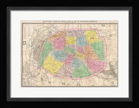 Framed 1867 colored Logerot Map of Paris, France Print