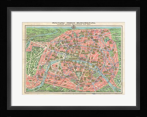 Framed Map of Paris circa 1931 including monuments Print