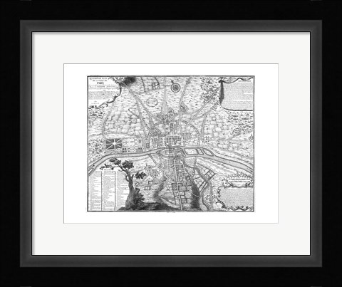 Framed Plan de Paris - black and white Print