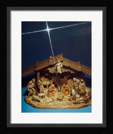 Framed Close-up of figurines depicting a nativity scene Print