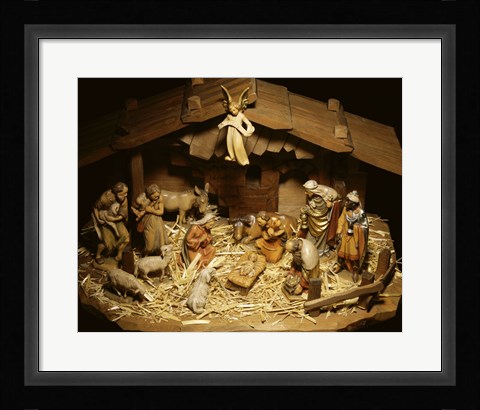 Framed Close-up of figurines depicting a nativity scene Print