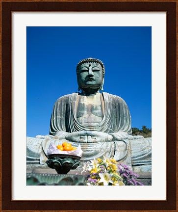 Framed Daibutsu Great Buddha, Kamakura, Honshu, Japan With Flowers Print