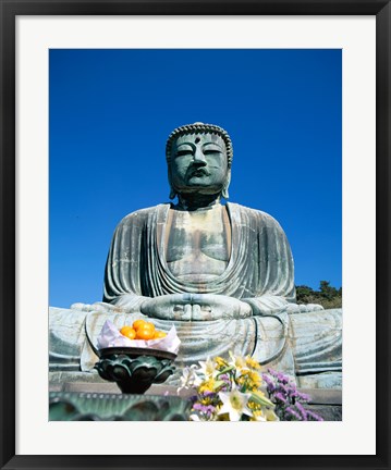 Framed Daibutsu Great Buddha, Kamakura, Honshu, Japan With Flowers Print