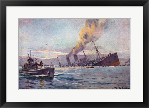 Framed U-boat Sinking a Troop Transport Ship Print