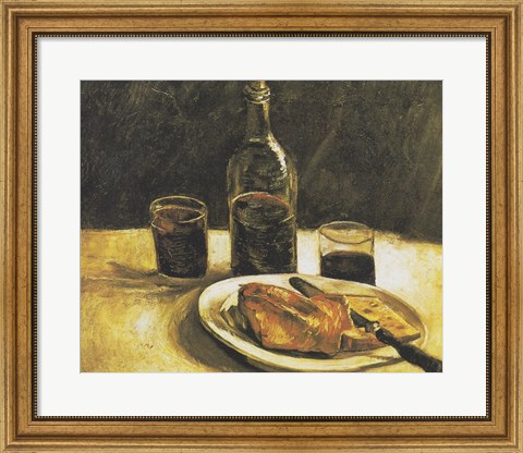 Framed Still Life with Bottle, Two Glasses, Cheese and Bread Print