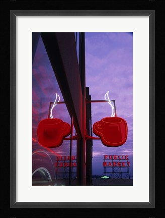 Framed Coffee Cup Neon Sign Lit Up at Dusk Print